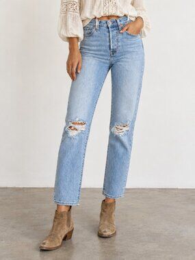 LEVI'S Wedgie Straight Ripped Stretch Jeans Jive Ship Light Wash High Rise 26